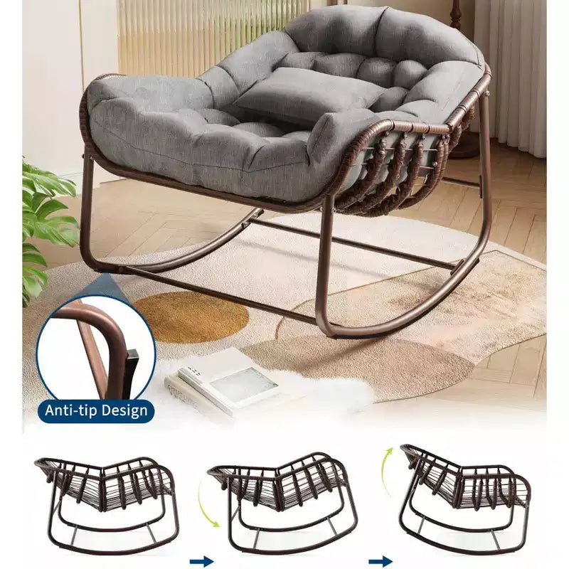 Fauteuil à bascule d'extérieur, chaise œuf de patio surdimensionnée avec coussin rembourré, bascule papasan en rotin pour l'intérieur, le porche, le jardin