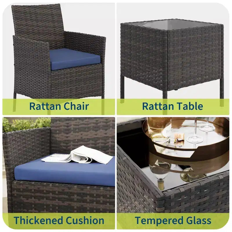 Ensemble de mobilier de patio 3 pièces COZONY avec 2 chaises en rotin et 1 table basse en verre, ensemble de conversation extérieur pour balcon, jardin, sièges de piscine