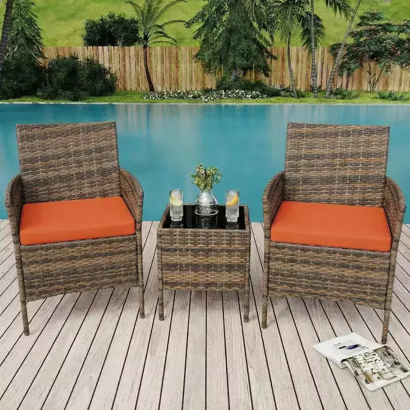 Ensemble de mobilier de patio 3 pièces COZONY avec 2 chaises en rotin et 1 table basse en verre, ensemble de conversation extérieur pour balcon, jardin, sièges de piscine