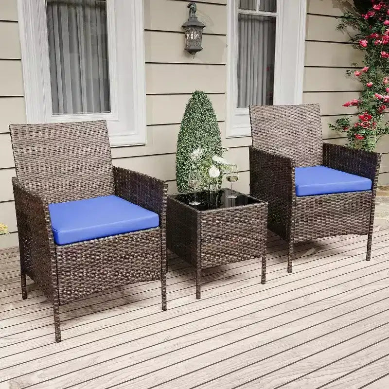 Ensemble de mobilier de patio 3 pièces COZONY avec 2 chaises en rotin et 1 table basse en verre, ensemble de conversation extérieur pour balcon, jardin, sièges de piscine