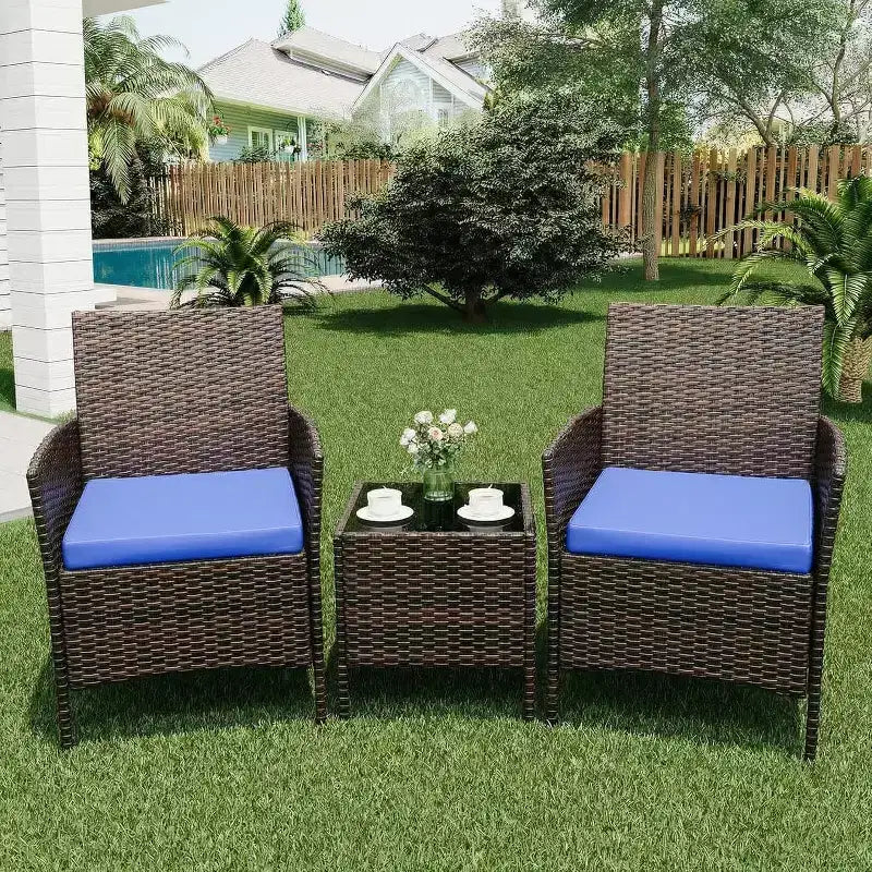 Ensemble de mobilier de patio 3 pièces COZONY avec 2 chaises en rotin et 1 table basse en verre, ensemble de conversation extérieur pour balcon, jardin, sièges de piscine