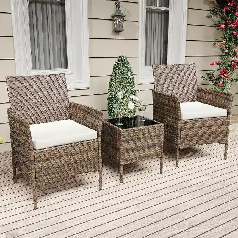 Ensemble de mobilier de patio 3 pièces COZONY avec 2 chaises en rotin et 1 table basse en verre, ensemble de conversation extérieur pour balcon, jardin, sièges de piscine