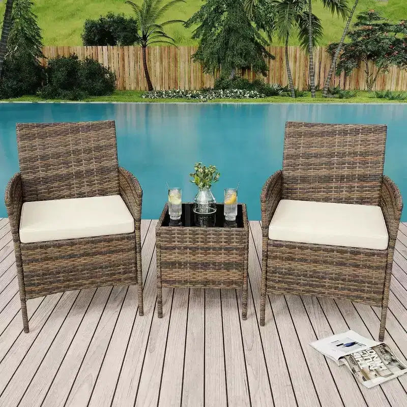 Ensemble de mobilier de patio 3 pièces COZONY avec 2 chaises en rotin et 1 table basse en verre, ensemble de conversation extérieur pour balcon, jardin, sièges de piscine
