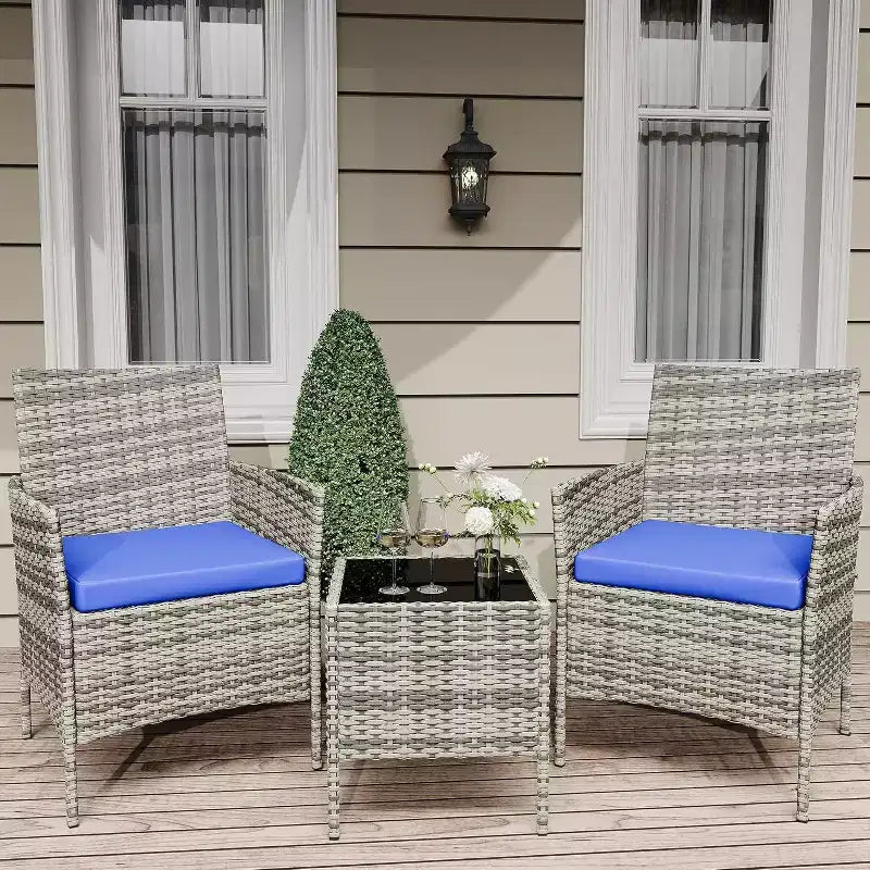 Ensemble de mobilier de patio 3 pièces COZONY avec 2 chaises en rotin et 1 table basse en verre, ensemble de conversation extérieur pour balcon, jardin, sièges de piscine
