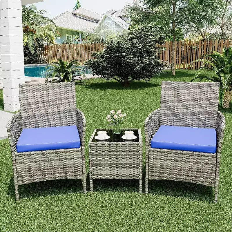 Ensemble de mobilier de patio 3 pièces COZONY avec 2 chaises en rotin et 1 table basse en verre, ensemble de conversation extérieur pour balcon, jardin, sièges de piscine