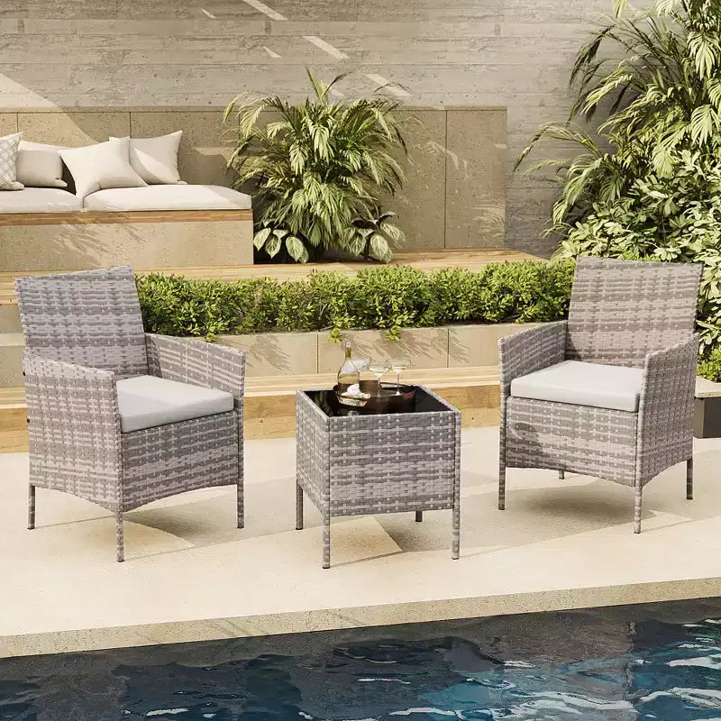 Ensemble de mobilier de patio 3 pièces COZONY avec 2 chaises en rotin et 1 table basse en verre, ensemble de conversation extérieur pour balcon, jardin, sièges de piscine