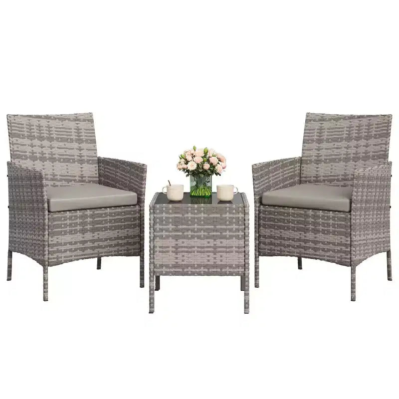Ensemble de mobilier de patio 3 pièces COZONY avec 2 chaises en rotin et 1 table basse en verre, ensemble de conversation extérieur pour balcon, jardin, sièges de piscine