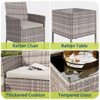 Ensemble de mobilier de patio 3 pièces COZONY avec 2 chaises en rotin et 1 table basse en verre, ensemble de conversation extérieur pour balcon, jardin, sièges de piscine