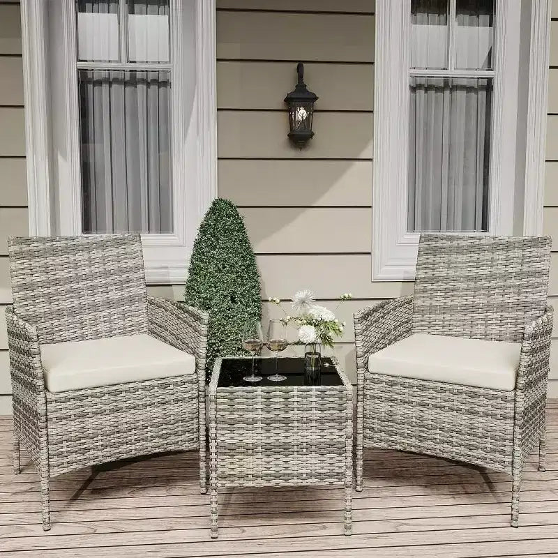 Ensemble de mobilier de patio 3 pièces COZONY avec 2 chaises en rotin et 1 table basse en verre, ensemble de conversation extérieur pour balcon, jardin, sièges de piscine