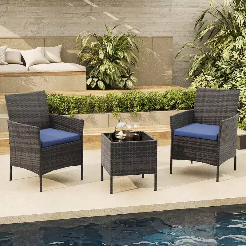 Ensemble de mobilier de patio 3 pièces COZONY avec 2 chaises en rotin et 1 table basse en verre, ensemble de conversation extérieur pour balcon, jardin, sièges de piscine