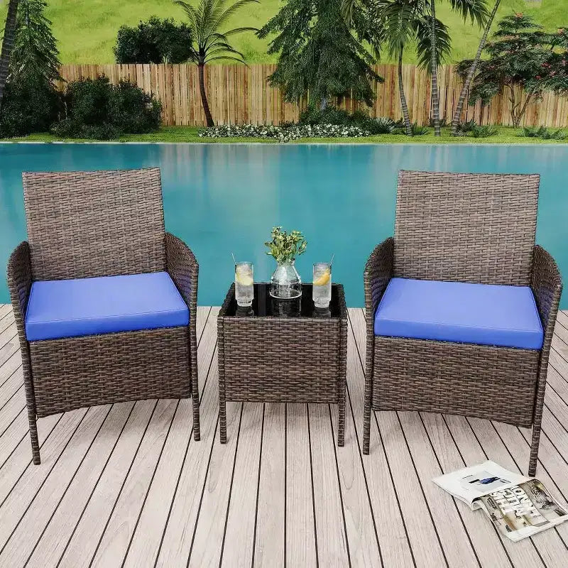 Ensemble de mobilier de patio 3 pièces COZONY avec 2 chaises en rotin et 1 table basse en verre, ensemble de conversation extérieur pour balcon, jardin, sièges de piscine
