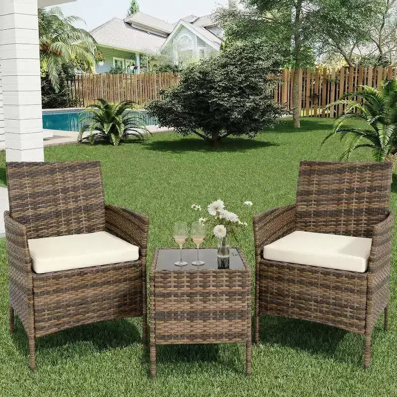 Ensemble de mobilier de patio 3 pièces COZONY avec 2 chaises en rotin et 1 table basse en verre, ensemble de conversation extérieur pour balcon, jardin, sièges de piscine