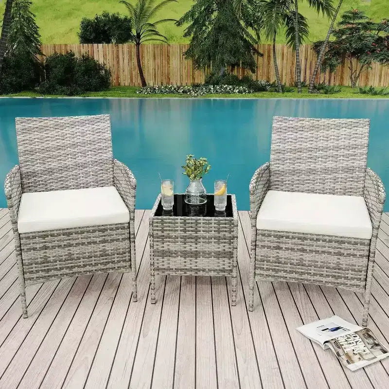 Ensemble de mobilier de patio 3 pièces COZONY avec 2 chaises en rotin et 1 table basse en verre, ensemble de conversation extérieur pour balcon, jardin, sièges de piscine