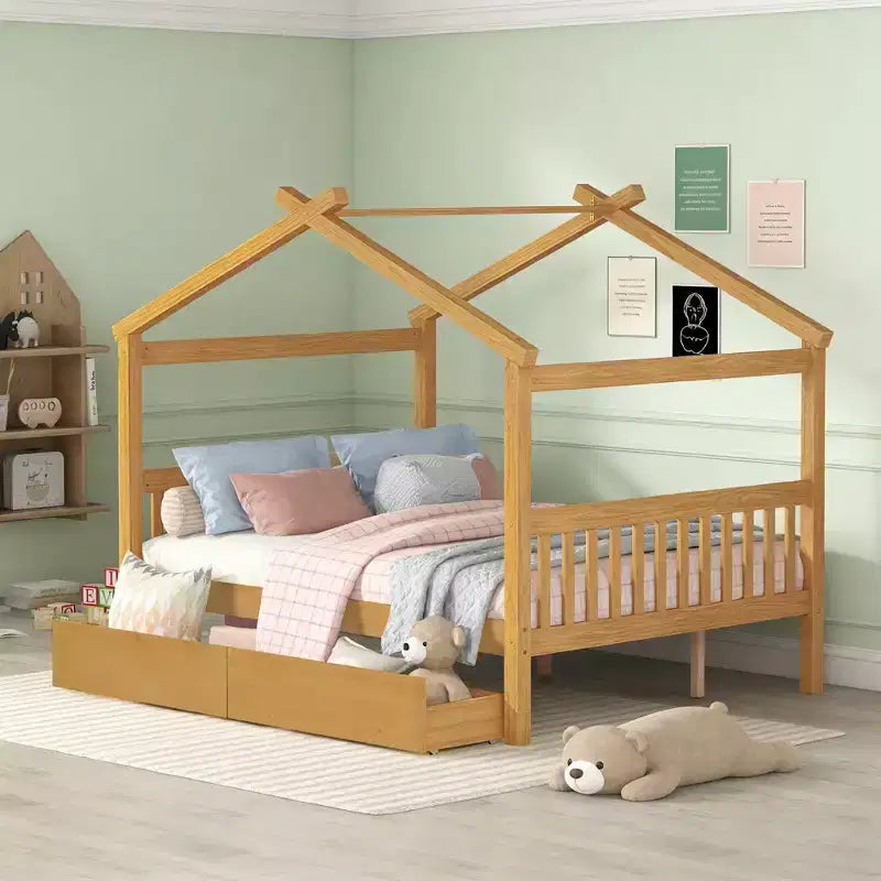 Lit de maison en bois moderne pleine grandeur Luxystar avec 2 tiroirs et têtes de lit