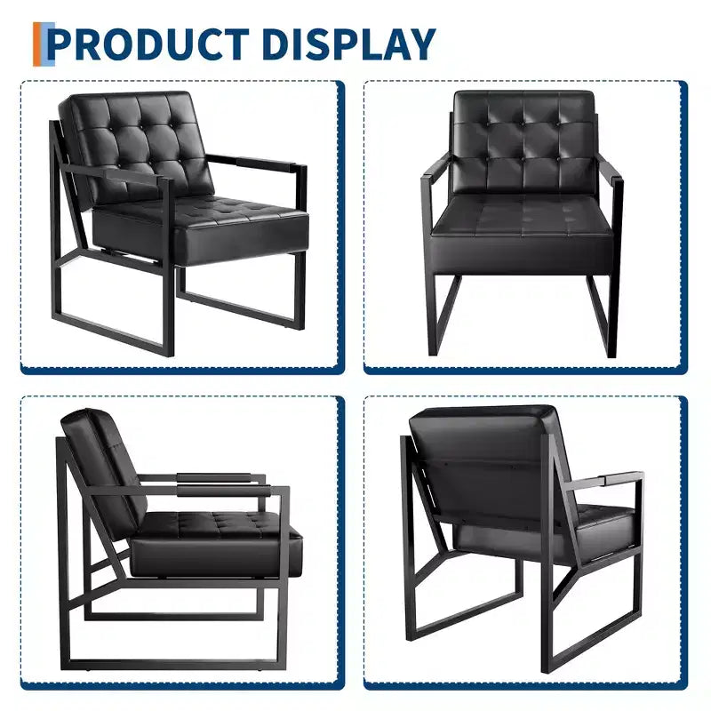 Fauteuil d'appoint moderne du milieu du siècle - Fauteuil rembourré en cuir PU, coussin épais, cadre en métal, chaise longue rétro pour salon, chambre, bureau