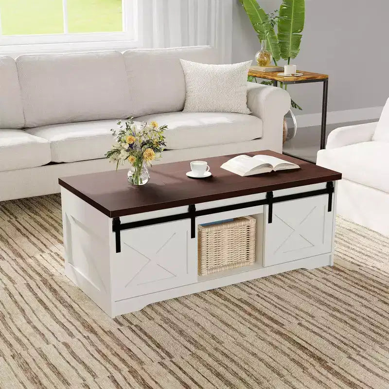 Table basse de style rustique avec plateau relevable - Table basse rustique 2-en-1 avec rangement, pour salon et bureau