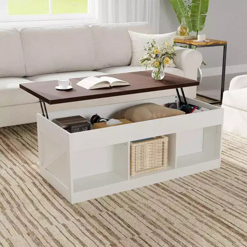 Table basse de style rustique avec plateau relevable - Table basse rustique 2-en-1 avec rangement, pour salon et bureau