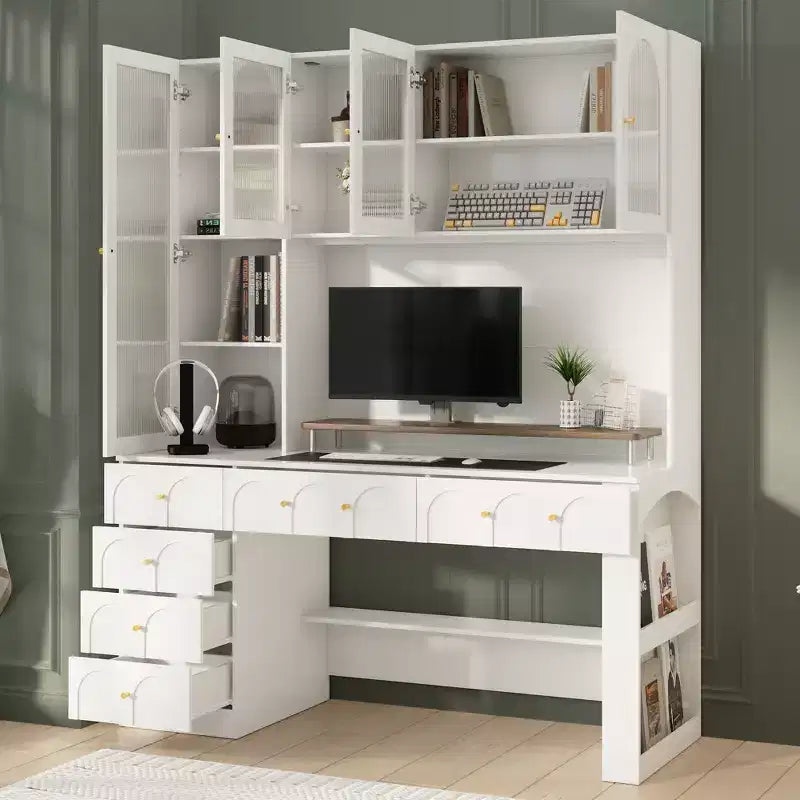 Hitow 63 Bureau Blanc avec Étagère et Rangement Portes en Verre Canelé Bombé, Dispositif Anti-Basculement pour Bureau à Domicile