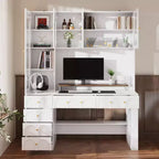 Hitow 63 Bureau Blanc avec Étagère et Rangement Portes en Verre Canelé Bombé, Dispositif Anti-Basculement pour Bureau à Domicile