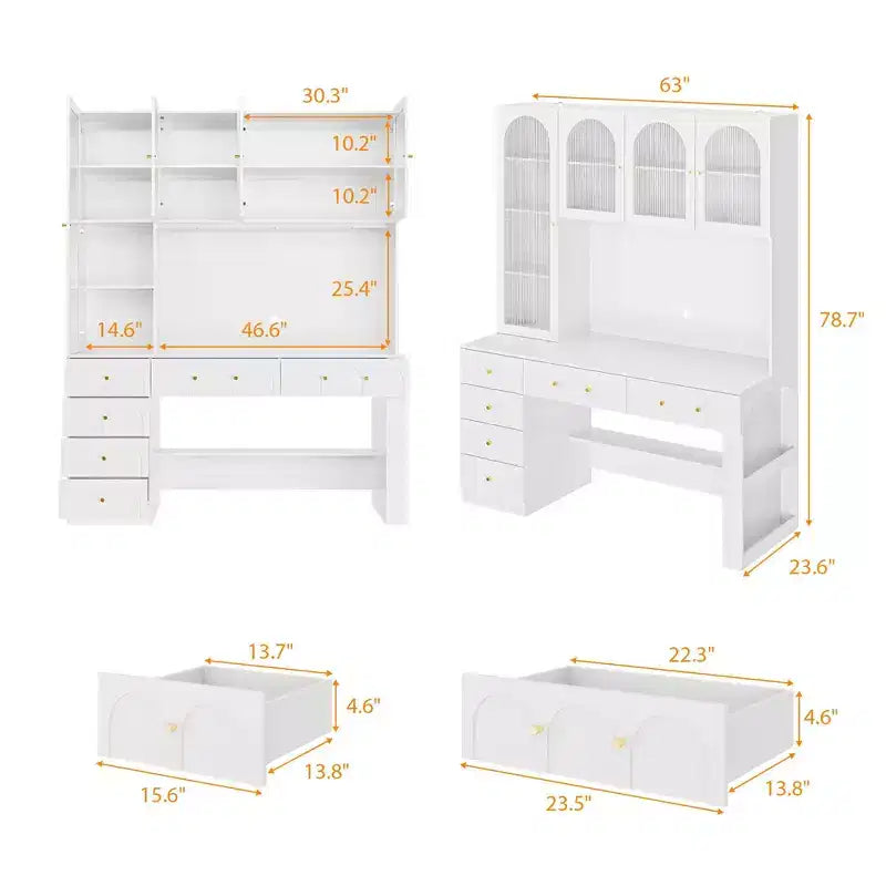 Hitow 63 Bureau Blanc avec Étagère et Rangement Portes en Verre Canelé Bombé, Dispositif Anti-Basculement pour Bureau à Domicile