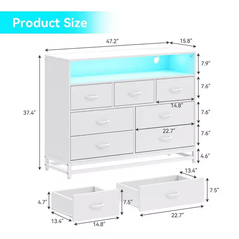 Commode à 7 tiroirs, Commode en bois avec lumières LED et station de charge, Commode avec grande capacité de rangement pour chambre, salon, couloir