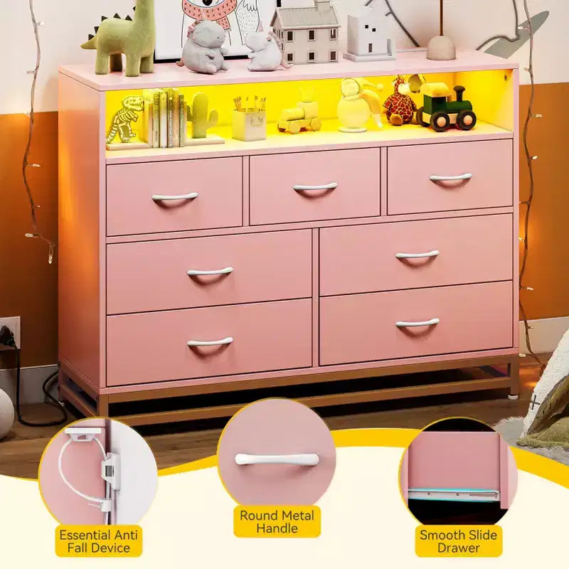 Commode à 7 tiroirs, Commode en bois avec lumières LED et station de charge, Commode avec grande capacité de rangement pour chambre, salon, couloir