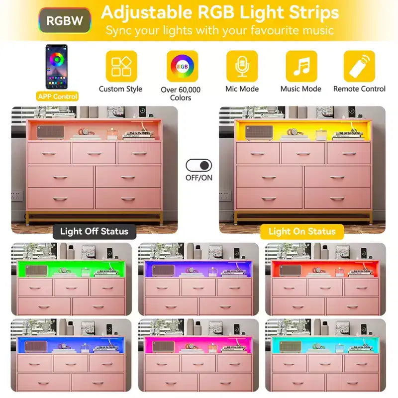 Commode à 7 tiroirs, Commode en bois avec lumières LED et station de charge, Commode avec grande capacité de rangement pour chambre, salon, couloir