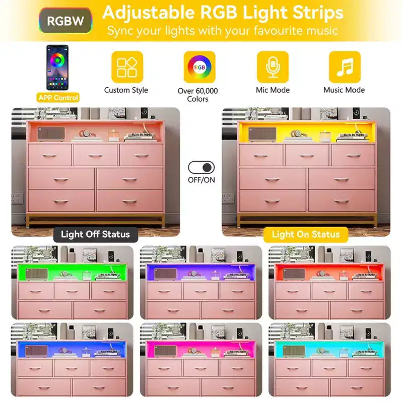 Commode à 7 tiroirs, Commode en bois avec lumières LED et station de charge, Commode avec grande capacité de rangement pour chambre, salon, couloir