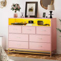 Dresser with 7 Drawers, Wooden Dresser with Led Lights Charging Station, Chest of Drawers with Capacity Storage for Bedroom, Living Room, Hallway