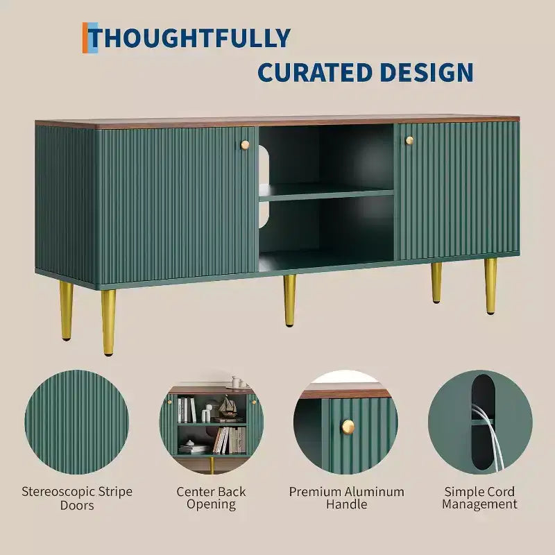 Meuble TV cannelé de 55 po avec 2 portes et étagères réglables, meuble TV en bois avec rangement, console TV, unité de divertissement pour salon et appartement
