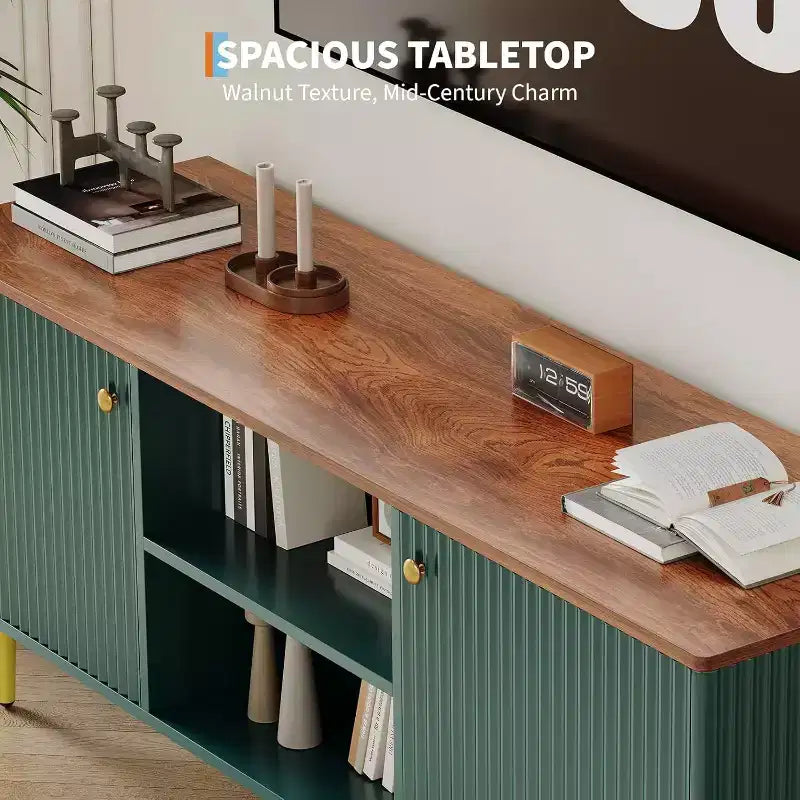 Meuble TV cannelé de 55 po avec 2 portes et étagères réglables, meuble TV en bois avec rangement, console TV, unité de divertissement pour salon et appartement