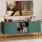 Meuble TV cannelé de 55 po avec 2 portes et étagères réglables, meuble TV en bois avec rangement, console TV, unité de divertissement pour salon et appartement