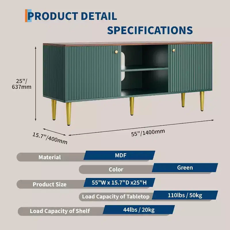 Meuble TV cannelé de 55 po avec 2 portes et étagères réglables, meuble TV en bois avec rangement, console TV, unité de divertissement pour salon et appartement