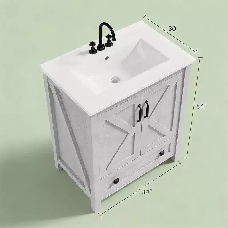 Meuble sous-vasque moderne de 24/30 pouces avec évier en céramique, 2 portes, 1 tiroir, meuble de salle de bain autoportant au design contemporain pour vos salles de bain