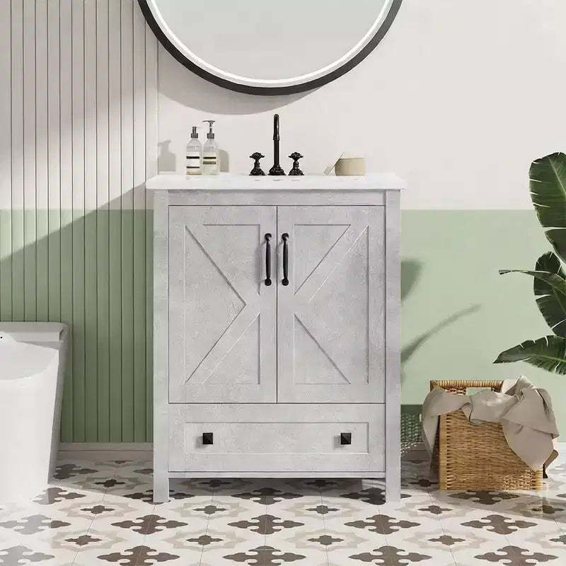 Meuble sous-vasque moderne de 24/30 pouces avec évier en céramique, 2 portes, 1 tiroir, meuble de salle de bain autoportant au design contemporain pour vos salles de bain