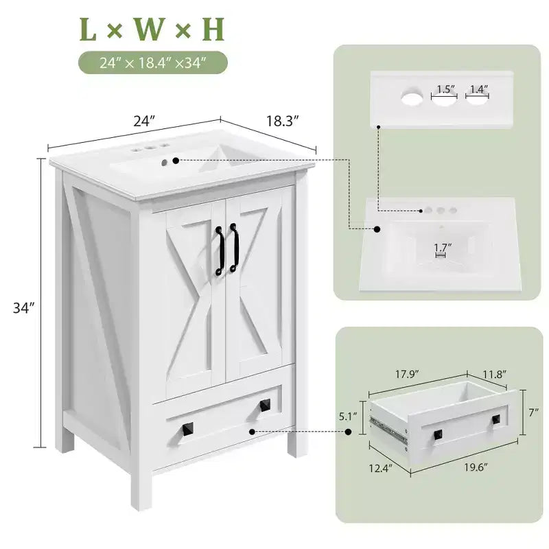 Meuble sous-vasque moderne de 24/30 pouces avec évier en céramique, 2 portes, 1 tiroir, meuble de salle de bain autoportant au design contemporain pour vos salles de bain