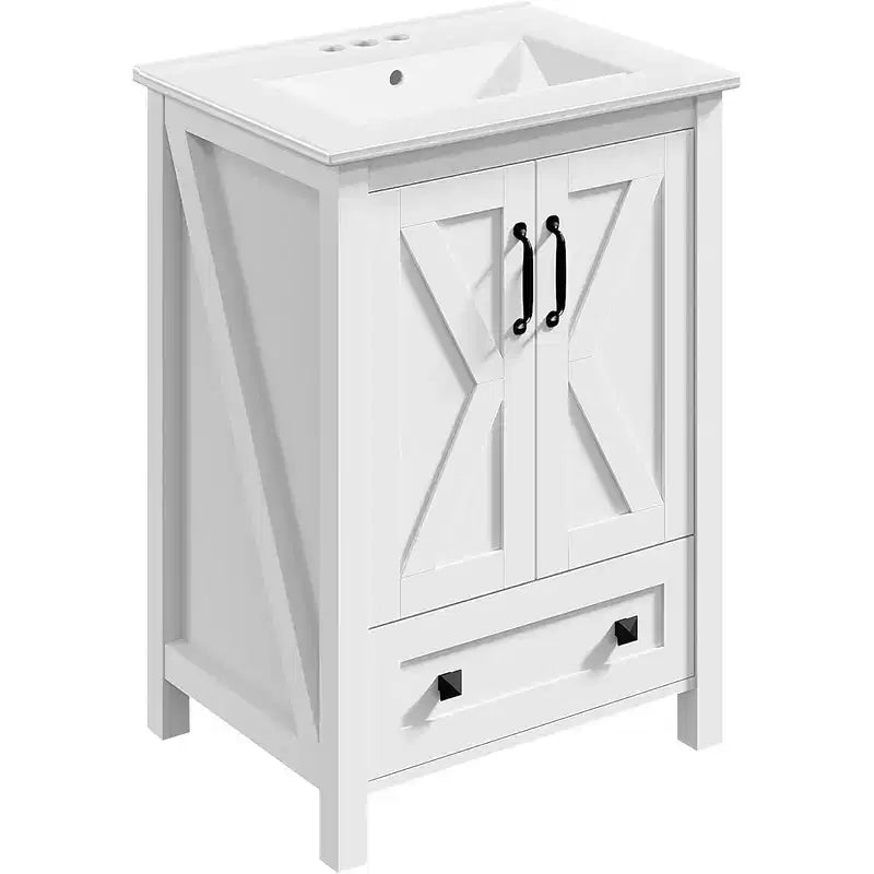 Meuble sous-vasque moderne de 24/30 pouces avec évier en céramique, 2 portes, 1 tiroir, meuble de salle de bain autoportant au design contemporain pour vos salles de bain
