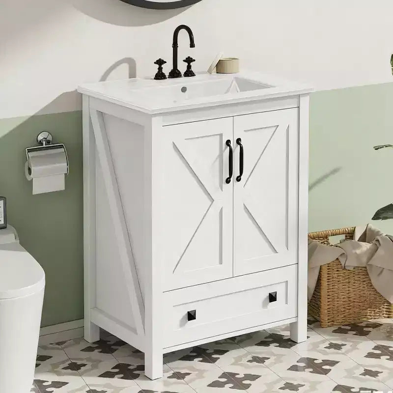 Meuble sous-vasque moderne de 24/30 pouces avec évier en céramique, 2 portes, 1 tiroir, meuble de salle de bain autoportant au design contemporain pour vos salles de bain