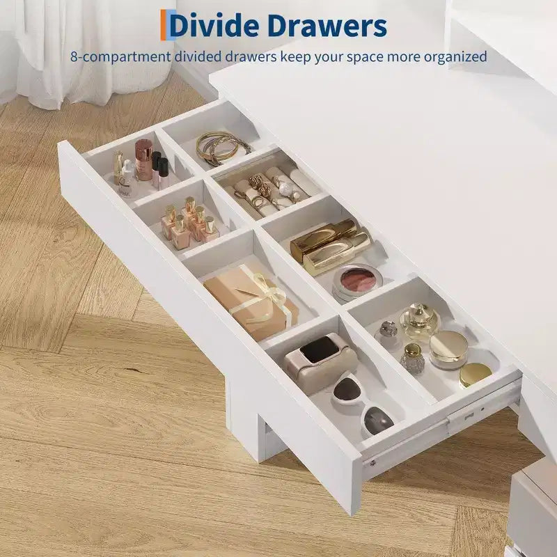 Coiffeuse GustoWave avec miroir lumineux, table de maquillage blanche avec 3 tiroirs et 11 étagères, tabouret de coiffeuse pour chambre à coucher