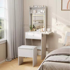 Coiffeuse blanche GustoWave avec grand miroir, petite table de maquillage avec panneau rabattable, chaise de rangement et étagères ouvertes pour chambre à coucher
