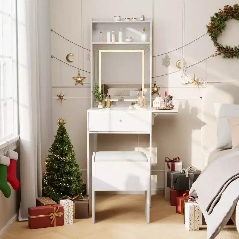 Coiffeuse blanche GustoWave avec grand miroir, petite table de maquillage avec panneau rabattable, chaise de rangement et étagères ouvertes pour chambre à coucher