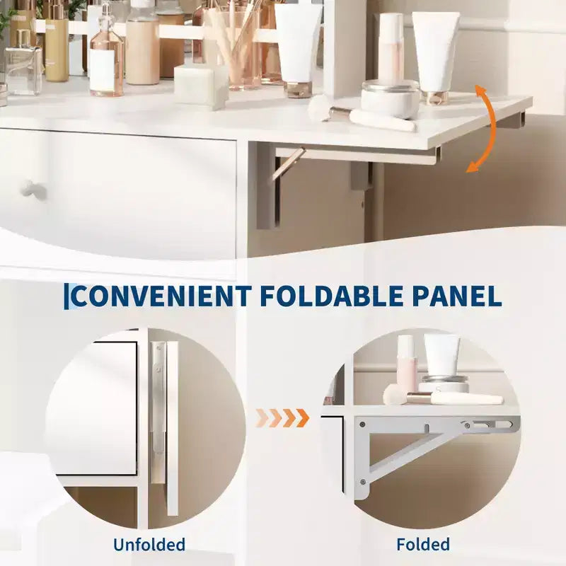 Coiffeuse blanche GustoWave avec grand miroir, petite table de maquillage avec panneau rabattable, chaise de rangement et étagères ouvertes pour chambre à coucher