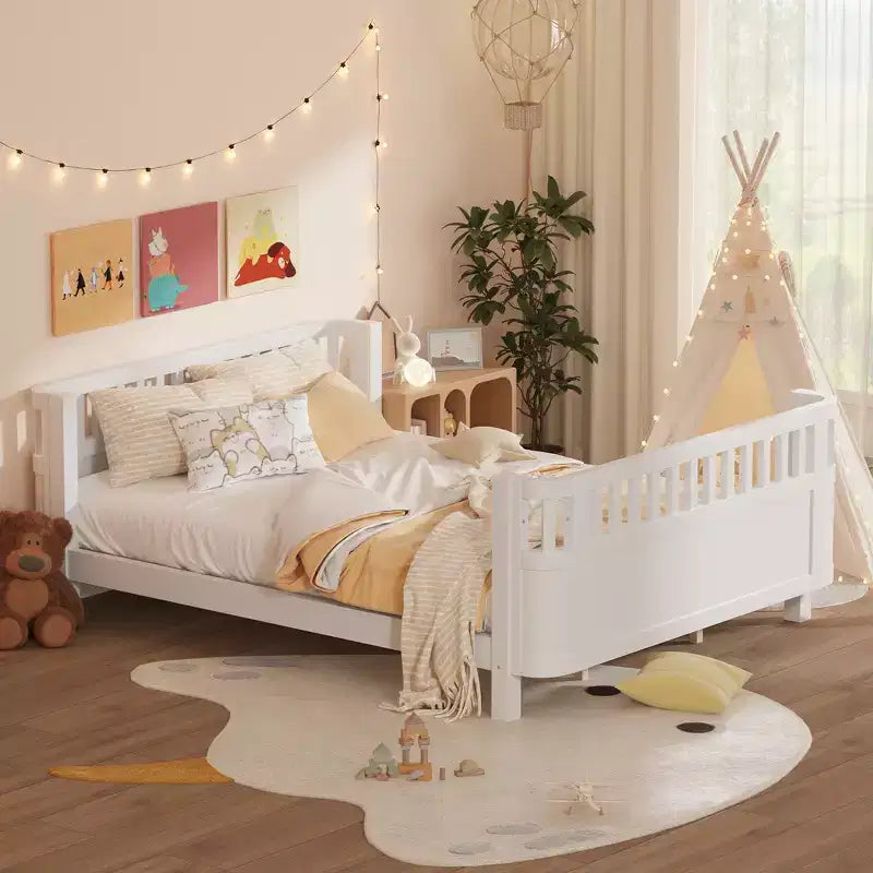 Cadre de lit plateforme Queen Size Whisen en bois, lit Queen Size bas en bois avec rails et barrières de sécurité pour filles et garçons