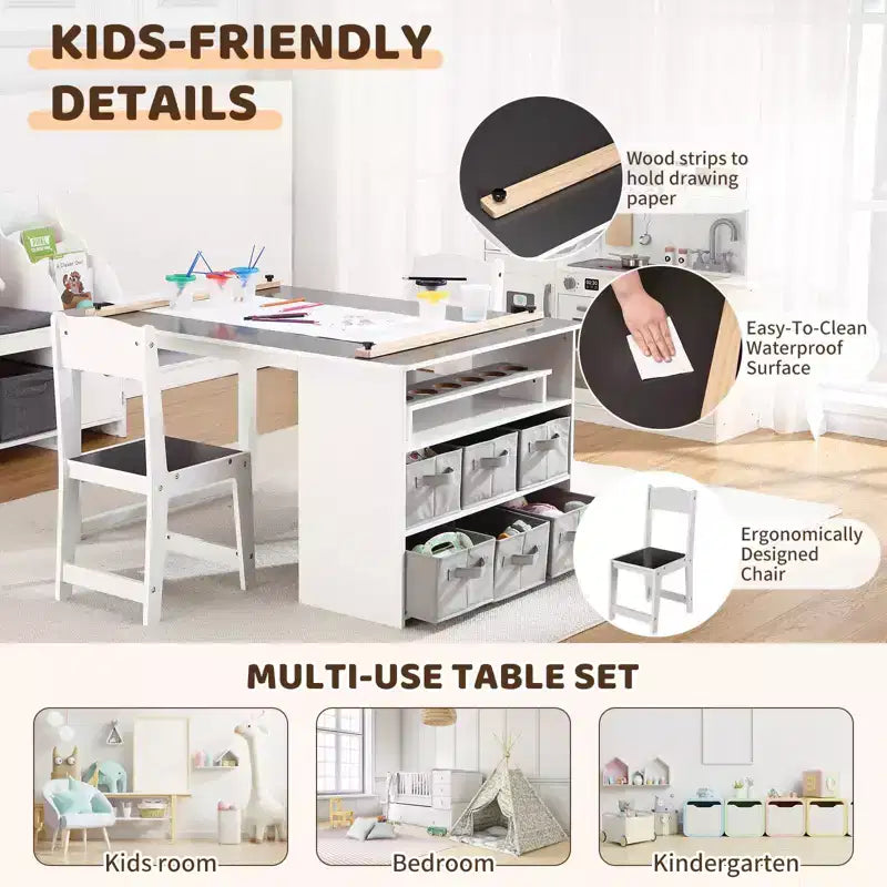 Table d'art pour enfants et 2 chaises, bureau de rangement en bois pour tout-petits avec bacs de rangement, bureau de dessin, table d'activité et d'étude pour enfants, activités, artisanat