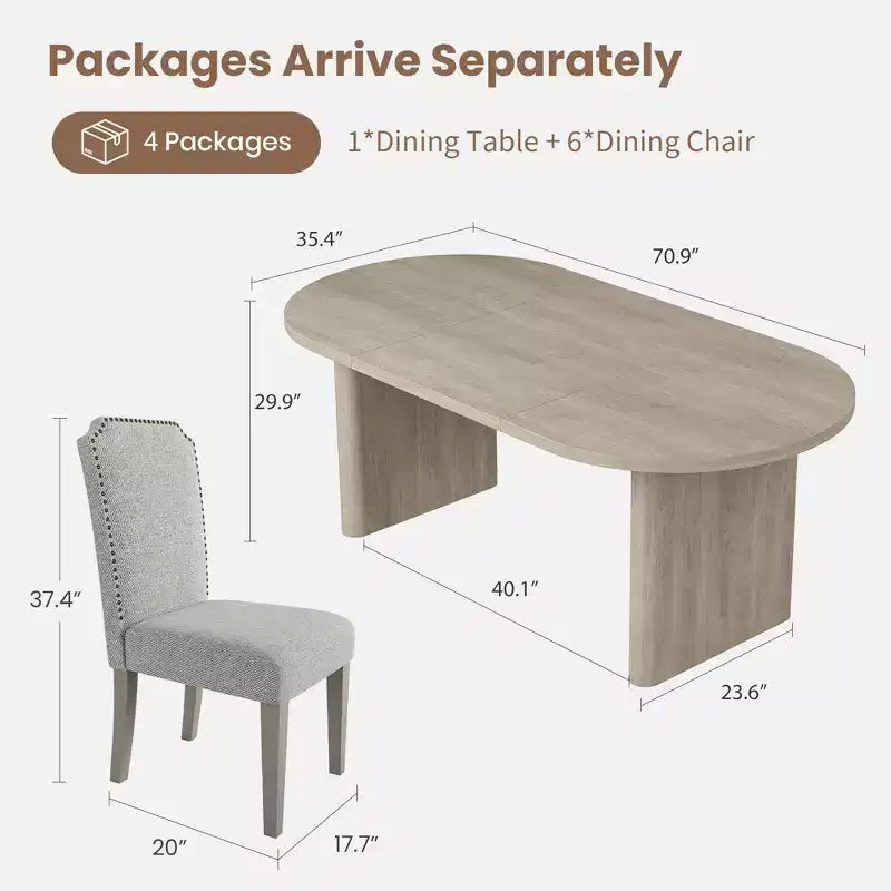 Table à manger ovale de 70,8 pouces avec 6 chaises de salle à manger rembourrées, table de cuisine avec base en bois robuste, chaise de salle à manger à dossier haut avec pieds en bois pour la cuisine