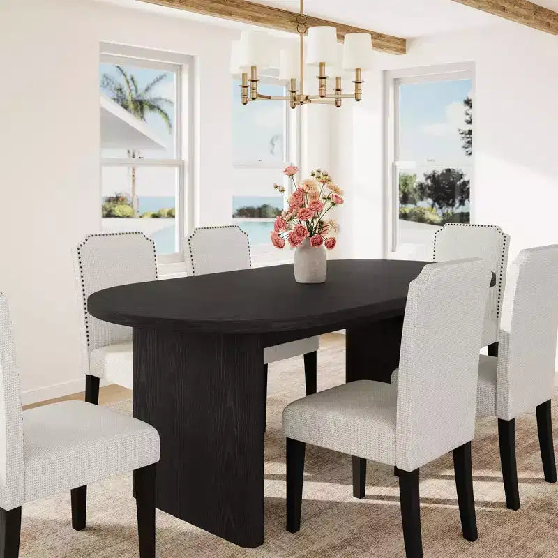 70.8 Inch Oval Dining Table with 6Upholstered Dining Chairs, Kitchen Table with Sturdy Wooden Base, High Back Dining Chair with Wood Legs for Kitchen