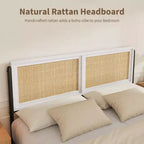 Lit plateforme queen size bohème en rotin, tête et pied de lit en rotin naturel, lattes métalliques, rangement sous le lit, silencieux, pas besoin de sommier tapissier