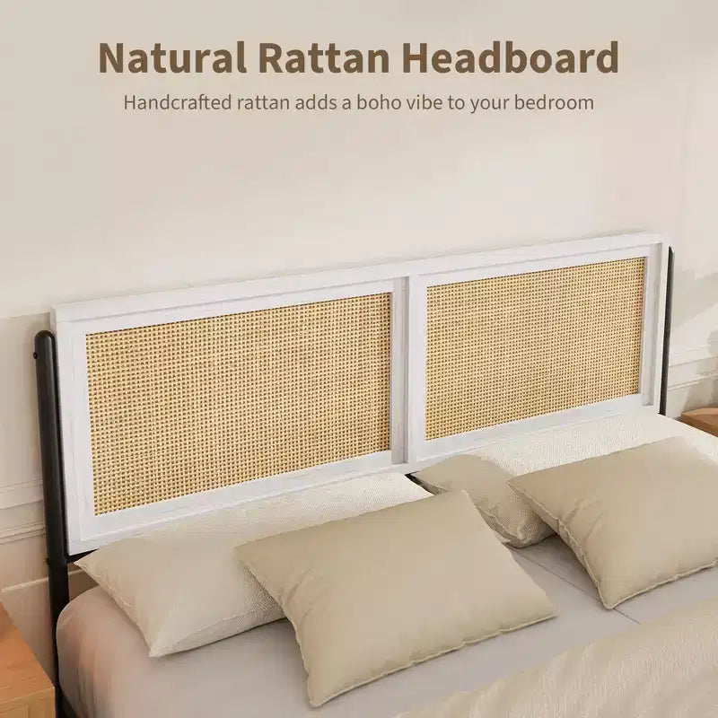 Lit plateforme queen size bohème en rotin, tête et pied de lit en rotin naturel, lattes métalliques, rangement sous le lit, silencieux, pas besoin de sommier tapissier