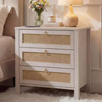 Lot de 2 tables de chevet en rotin, tables de nuit bohèmes en osier à 3 tiroirs avec poignées dorées, grandes tables d'appoint en bois pour chambre et salon, blanches