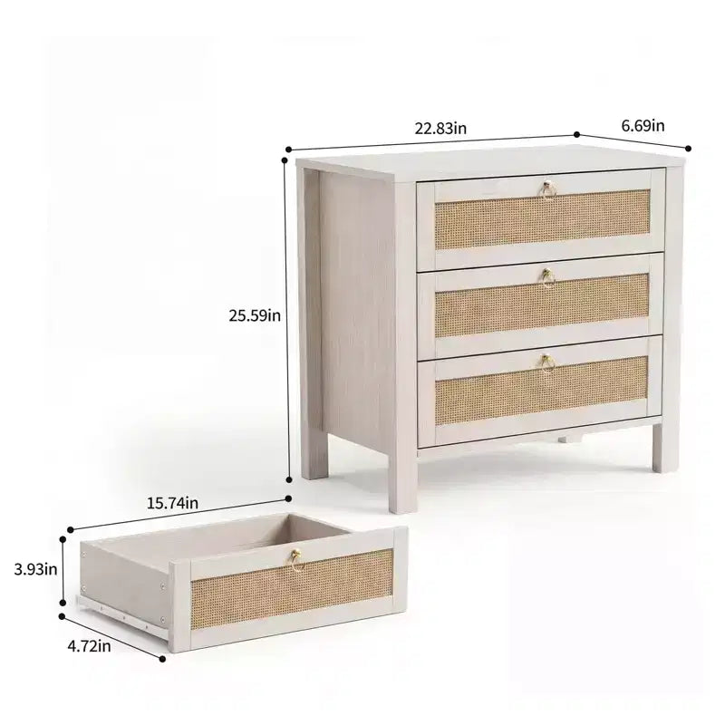 Lot de 2 tables de chevet en rotin, tables de nuit bohèmes en osier à 3 tiroirs avec poignées dorées, grandes tables d'appoint en bois pour chambre et salon, blanches